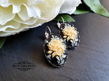 Load image into Gallery viewer, Floral Posy Resin Cameo Drop Earrings, Classic Vintage Look, Bright Silver, Leverback Closure, Lace Edge Detail, 3.7x1.9cm(1.45x0.74 Inches)
