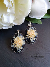 Load image into Gallery viewer, Floral Posy Resin Cameo Drop Earrings, Classic Vintage Look, Bright Silver, Leverback Closure, Lace Edge Detail, 3.7x1.9cm(1.45x0.74 Inches)
