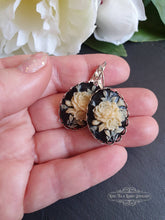 Load image into Gallery viewer, Floral Posy Resin Cameo Drop Earrings, Classic Vintage Look, Bright Silver, Leverback Closure, Lace Edge Detail, 3.7x1.9cm(1.45x0.74 Inches)
