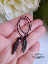 Load image into Gallery viewer, Drop/Dangle Black Feather Earrings - Double Polished Blackened Brass - Alt Jewellery - Retro Vintage Style - Feather Symbol - 5.7cm / 2.24&#39;&#39;
