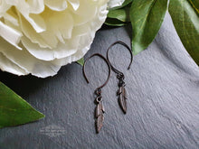 Load image into Gallery viewer, Drop/Dangle Black Feather Earrings - Double Polished Blackened Brass - Alt Jewellery - Retro Vintage Style - Feather Symbol - 5.7cm / 2.24&#39;&#39;
