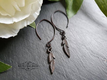 Load image into Gallery viewer, Drop/Dangle Black Feather Earrings - Double Polished Blackened Brass - Alt Jewellery - Retro Vintage Style - Feather Symbol - 5.7cm / 2.24&#39;&#39;
