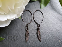 Load image into Gallery viewer, Drop/Dangle Black Feather Earrings - Double Polished Blackened Brass - Alt Jewellery - Retro Vintage Style - Feather Symbol - 5.7cm / 2.24&#39;&#39;
