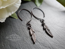 Load image into Gallery viewer, Drop/Dangle Black Feather Earrings - Double Polished Blackened Brass - Alt Jewellery - Retro Vintage Style - Feather Symbol - 5.7cm / 2.24&#39;&#39;
