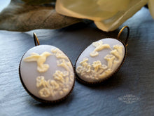 Load image into Gallery viewer, Birds Egg Blue and Ivory Hummingbird/Flowers Cameo - Drop/Dangle Earrings - Modern Vintage Style - Leverback - 3.7x1.9cm(1.45 x 0.74 Inches)
