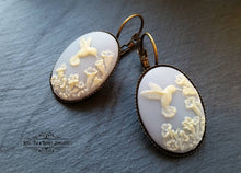 Load image into Gallery viewer, Birds Egg Blue and Ivory Hummingbird/Flowers Cameo - Drop/Dangle Earrings - Modern Vintage Style - Leverback - 3.7x1.9cm(1.45 x 0.74 Inches)
