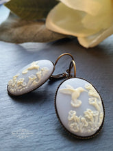 Load image into Gallery viewer, Birds Egg Blue and Ivory Hummingbird/Flowers Cameo - Drop/Dangle Earrings - Modern Vintage Style - Leverback - 3.7x1.9cm(1.45 x 0.74 Inches)
