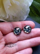 Load image into Gallery viewer, Black Floral Print Stud Earring - Vintage Style - Glass Photo Cabochon - Silver Plated - Hypoallergenic - 12mm (0.47 Inches) Diameter
