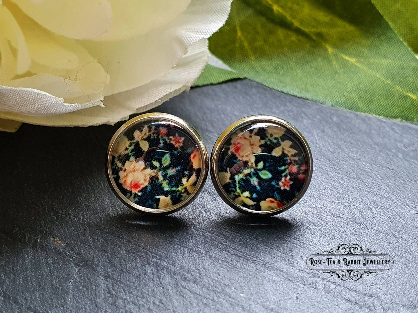 Black Floral Print Stud Earring - Vintage Style - Glass Photo Cabochon - Silver Plated - Hypoallergenic - 12mm (0.47 Inches) Diameter