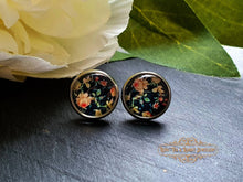 Load image into Gallery viewer, Black Floral Print Stud Earring - Vintage Style - Glass Photo Cabochon - Silver Plated - Hypoallergenic - 12mm (0.47 Inches) Diameter
