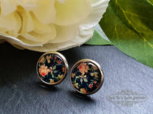 Load image into Gallery viewer, Black Floral Print Stud Earring - Vintage Style - Glass Photo Cabochon - Silver Plated - Hypoallergenic - 12mm (0.47 Inches) Diameter
