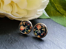 Load image into Gallery viewer, Black Floral Print Stud Earring - Vintage Style - Glass Photo Cabochon - Silver Plated - Hypoallergenic - 12mm (0.47 Inches) Diameter
