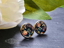 Load image into Gallery viewer, Black Floral Print Stud Earring - Vintage Style - Glass Photo Cabochon - Silver Plated - Hypoallergenic - 12mm (0.47 Inches) Diameter
