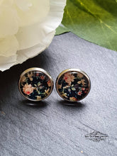 Load image into Gallery viewer, Black Floral Print Stud Earring - Vintage Style - Glass Photo Cabochon - Silver Plated - Hypoallergenic - 12mm (0.47 Inches) Diameter
