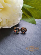 Load image into Gallery viewer, Black Floral Print Stud Earring - Vintage Style - Glass Photo Cabochon - Silver Plated - Hypoallergenic - 12mm (0.47 Inches) Diameter
