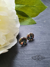 Load image into Gallery viewer, Black Floral Print Stud Earring - Vintage Style - Glass Photo Cabochon - Silver Plated - Hypoallergenic - 12mm (0.47 Inches) Diameter
