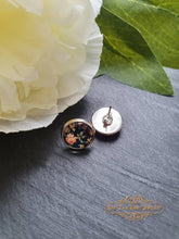 Load image into Gallery viewer, Black Floral Print Stud Earring - Vintage Style - Glass Photo Cabochon - Silver Plated - Hypoallergenic - 12mm (0.47 Inches) Diameter
