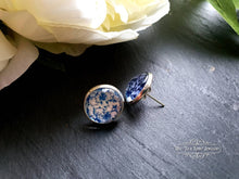 Load image into Gallery viewer, Blue and White China Pattern Inspired Cabochon Earring Studs - 12mm Diameter - Silver Plated Base - Lead/Nickle Free - Pretty and Dainty
