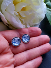 Load image into Gallery viewer, Blue and White China Pattern Inspired Cabochon Earring Studs - 12mm Diameter - Silver Plated Base - Lead/Nickle Free - Pretty and Dainty
