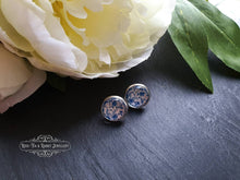 Load image into Gallery viewer, Blue and White China Pattern Inspired Cabochon Earring Studs - 12mm Diameter - Silver Plated Base - Lead/Nickle Free - Pretty and Dainty
