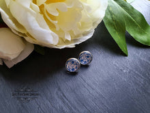 Load image into Gallery viewer, Blue and White China Pattern Inspired Cabochon Earring Studs - 12mm Diameter - Silver Plated Base - Lead/Nickle Free - Pretty and Dainty
