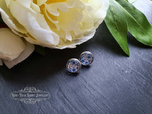 Load image into Gallery viewer, Blue and White China Pattern Inspired Cabochon Earring Studs - 12mm Diameter - Silver Plated Base - Lead/Nickle Free - Pretty and Dainty
