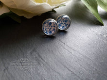 Load image into Gallery viewer, Blue and White China Pattern Inspired Cabochon Earring Studs - 12mm Diameter - Silver Plated Base - Lead/Nickle Free - Pretty and Dainty
