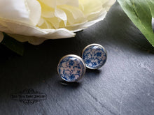 Load image into Gallery viewer, Blue and White China Pattern Inspired Cabochon Earring Studs - 12mm Diameter - Silver Plated Base - Lead/Nickle Free - Pretty and Dainty
