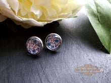 Load image into Gallery viewer, Blue and White China Pattern Inspired Cabochon Earring Studs - 12mm Diameter - Silver Plated Base - Lead/Nickle Free - Pretty and Dainty
