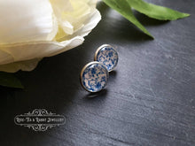 Load image into Gallery viewer, Blue and White China Pattern Inspired Cabochon Earring Studs - 12mm Diameter - Silver Plated Base - Lead/Nickle Free - Pretty and Dainty
