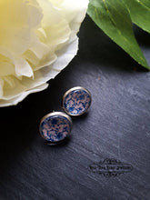 Load image into Gallery viewer, Blue and White China Pattern Inspired Cabochon Earring Studs - 12mm Diameter - Silver Plated Base - Lead/Nickle Free - Pretty and Dainty
