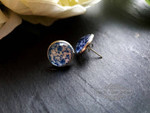 Load image into Gallery viewer, Blue and White China Pattern Inspired Cabochon Earring Studs - 12mm Diameter - Silver Plated Base - Lead/Nickle Free - Pretty and Dainty
