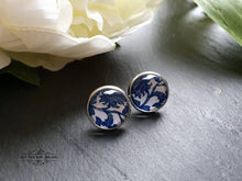 Load image into Gallery viewer, Blue and White China Pattern Inspired Cabochon Earring Studs - 12mm Diameter - Silver Plated Base - Lead/Nickle Free - Pretty and Dainty
