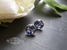 Load image into Gallery viewer, Blue and White China Pattern Inspired Cabochon Earring Studs - 12mm Diameter - Silver Plated Base - Lead/Nickle Free - Pretty and Dainty
