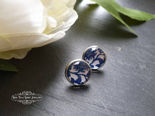 Load image into Gallery viewer, Blue and White China Pattern Inspired Cabochon Earring Studs - 12mm Diameter - Silver Plated Base - Lead/Nickle Free - Pretty and Dainty
