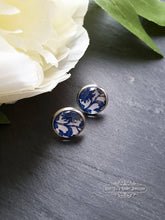 Load image into Gallery viewer, Blue and White China Pattern Inspired Cabochon Earring Studs - 12mm Diameter - Silver Plated Base - Lead/Nickle Free - Pretty and Dainty
