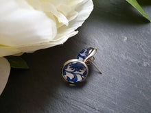 Load image into Gallery viewer, Blue and White China Pattern Inspired Cabochon Earring Studs - 12mm Diameter - Silver Plated Base - Lead/Nickle Free - Pretty and Dainty
