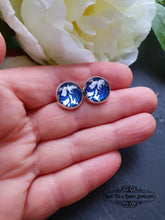 Load image into Gallery viewer, Blue and White China Pattern Inspired Cabochon Earring Studs - 12mm Diameter - Silver Plated Base - Lead/Nickle Free - Pretty and Dainty
