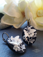 Load image into Gallery viewer, Butterfly Cameo Drop/Dangle Earrings - Bright Silver Plate Base - Vintage Inspired - Leverback Closure - 3.7cm x 1.9cm (1.45 x 0.74 Inches)
