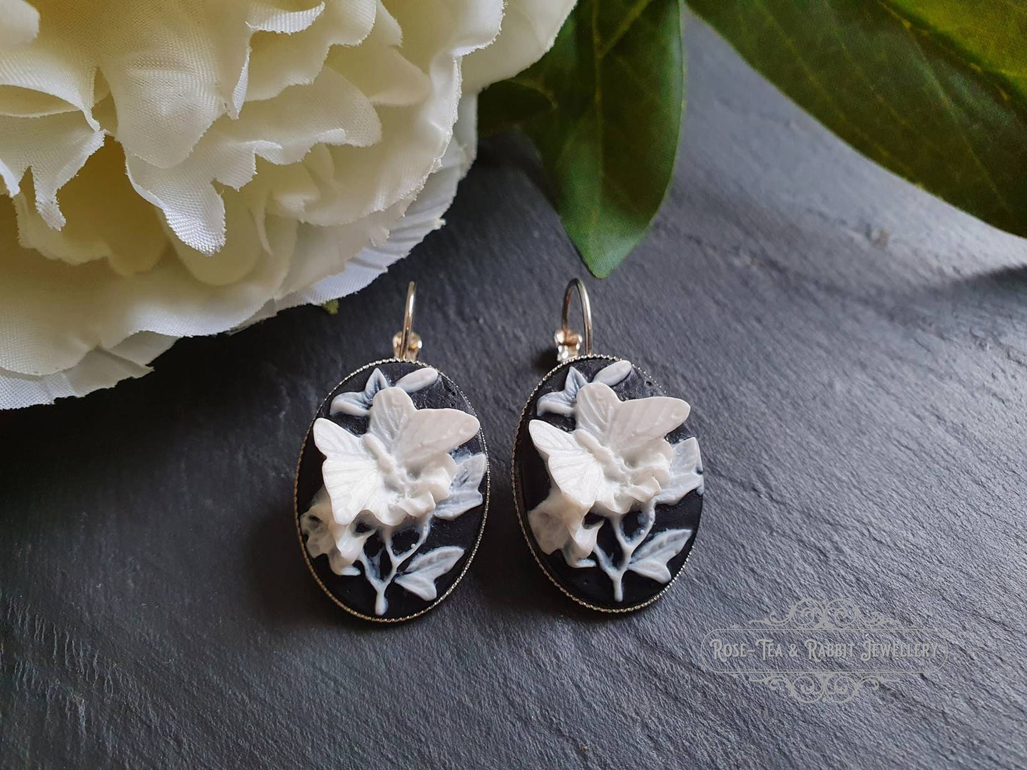 Butterfly Cameo Drop/Dangle Earrings - Bright Silver Plate Base - Vintage Inspired - Leverback Closure - 3.7cm x 1.9cm (1.45 x 0.74 Inches)