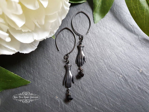 Drop/Dangle Victorian Hand Earrings - Double Polished Blackened Brass - Alt Victorian Look Jewellery - Vintage Style - 7.2cm(2.83 Inches)