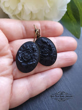 Load image into Gallery viewer, Classic Rose Cameo Drop Earrings - Black on Black - 37x19mm (1.45 x 0.74 Inches) - Antiqued Bronze Base - Pretty Romantic Look - Boho Chic
