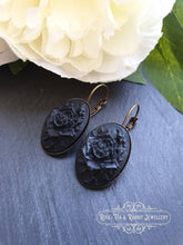 Load image into Gallery viewer, Classic Rose Cameo Drop Earrings - Black on Black - 37x19mm (1.45 x 0.74 Inches) - Antiqued Bronze Base - Pretty Romantic Look - Boho Chic
