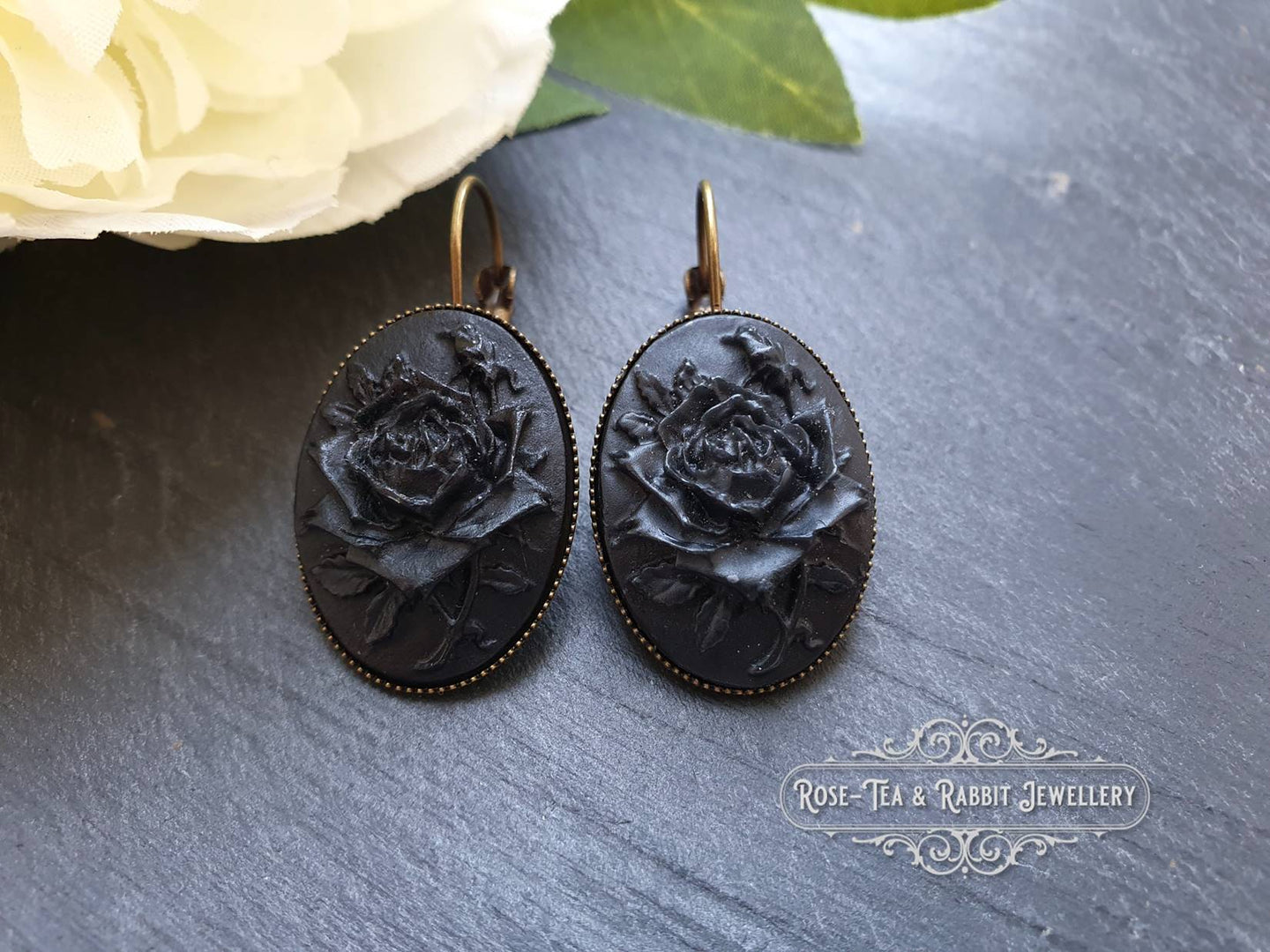 Classic Rose Cameo Drop Earrings - Black on Black - 37x19mm (1.45 x 0.74 Inches) - Antiqued Bronze Base - Pretty Romantic Look - Boho Chic