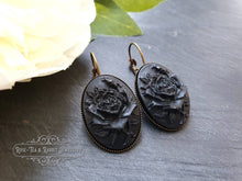 Load image into Gallery viewer, Classic Rose Cameo Drop Earrings - Black on Black - 37x19mm (1.45 x 0.74 Inches) - Antiqued Bronze Base - Pretty Romantic Look - Boho Chic
