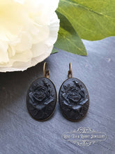 Load image into Gallery viewer, Classic Rose Cameo Drop Earrings - Black on Black - 37x19mm (1.45 x 0.74 Inches) - Antiqued Bronze Base - Pretty Romantic Look - Boho Chic
