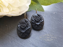 Load image into Gallery viewer, Classic Rose Cameo Drop Earrings - Black on Black - 37x19mm (1.45 x 0.74 Inches) - Antiqued Bronze Base - Pretty Romantic Look - Boho Chic
