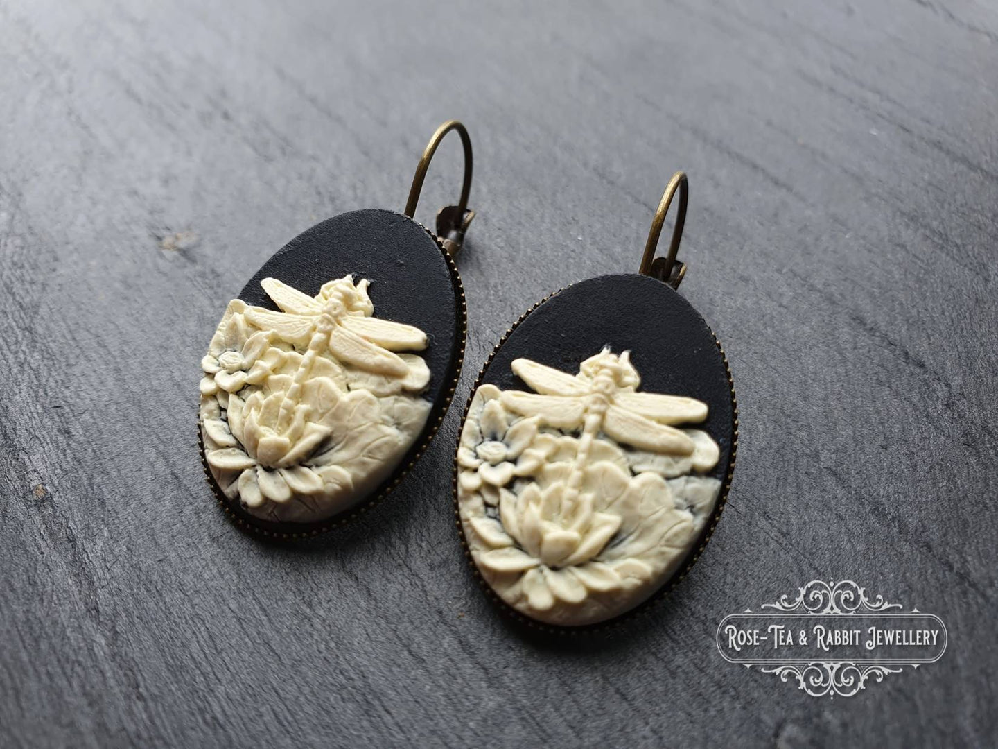 Dragonfly/Waterlily Cameo Earrings - 3.7x1.9cm(1.45x0.74 Inches) - Hinged Closure - Antiqued Bronze Base - Nickle Free - Pretty & Romantic