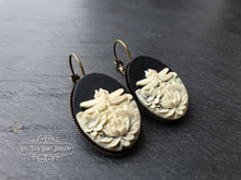 Load image into Gallery viewer, Dragonfly/Waterlily Cameo Earrings - 3.7x1.9cm(1.45x0.74 Inches) - Hinged Closure - Antiqued Bronze Base - Nickle Free - Pretty &amp; Romantic
