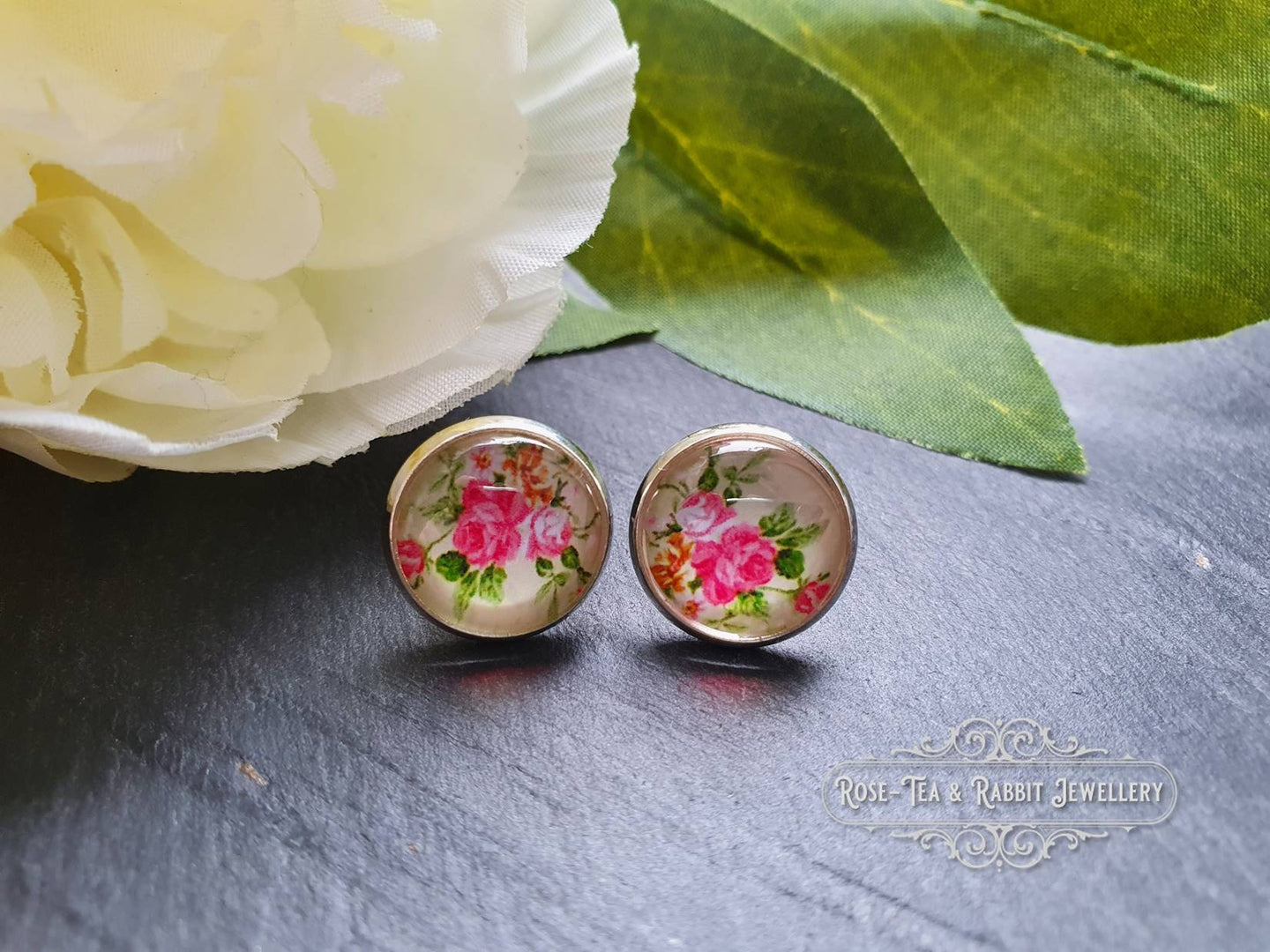 Ivory/Pink Floral Print Stud Earring - Vintage Style - Glass Photo Cabochon - Silver Plated - Hypoallergenic - 12mm Diameter (0.47 Inches)